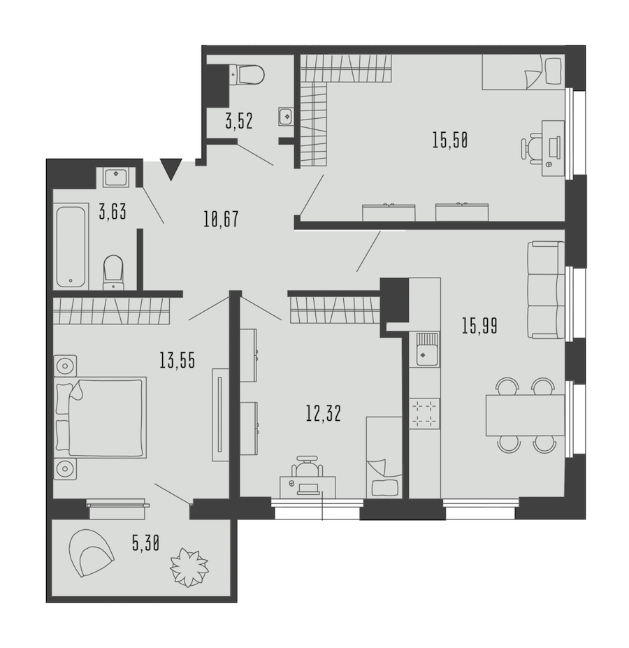 2-комнатная квартира 76.77 м², 5/5 эт., Комплекс апартаментов «Bereg. Курортный»